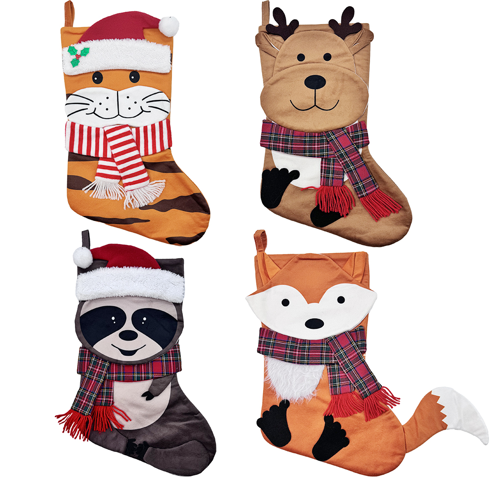 Image Bas de Noël animaux - 4 modèles: tigre, chien, raton laveur et renard (12 assortis)